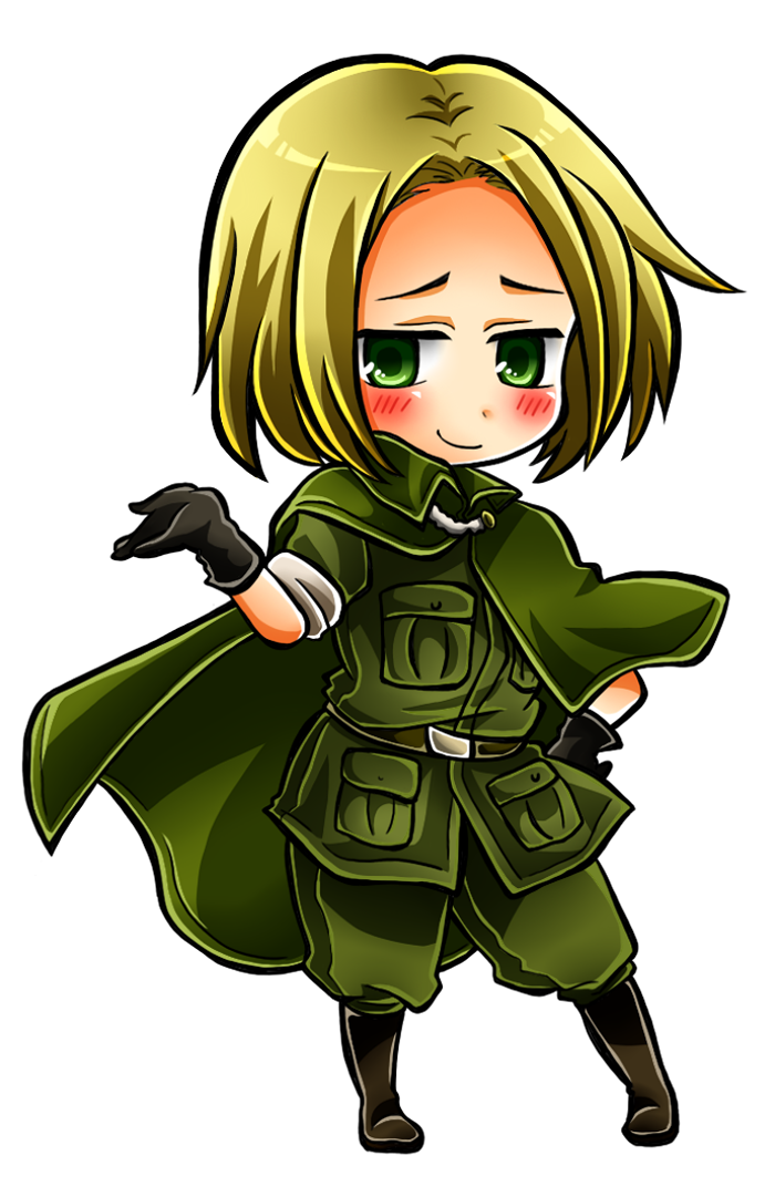 1boy, axis_powers_hetalia, bad_id, bad_pixiv_id, blonde_hair, chibi, full_body, green_eyes, hajime_kaniku, hand_on_own_hip, hip_focus, male_focus, military, military_uniform, poland_(hetalia), simple_background, solo, white_background