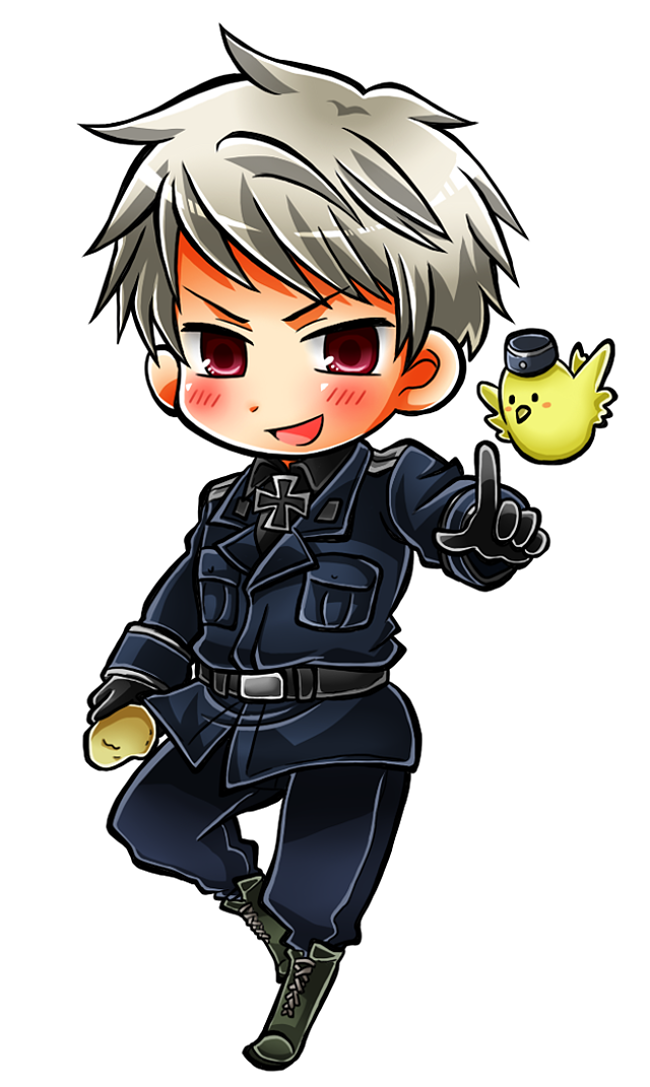 1boy, albino, axis_powers_hetalia, bad_id, bad_pixiv_id, bird, chibi, full_body, hajime_kaniku, male_focus, military, military_uniform, prussia_(hetalia), red_eyes, simple_background, solo, white_background, white_hair