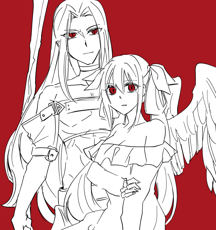 1girl, 1other, bare_shoulders, black_hair, choker, dizzy_(guilty_gear), dress, guilty_gear