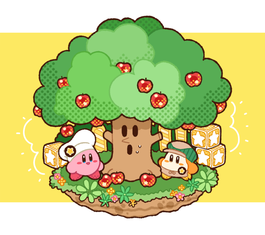 :d, apple, apron, blue_eyes, blush, blush_stickers, brown_apron, brown_eyes, chef_hat, commentary_request, flower, food, fruit, grass, green_headwear, hat, kirby, kirby_(series), kirby_cafe, midoriko_(tuhd4735), nintendo, no_humans, open_mouth, pink_flower, plant, simple_background, smile, standing, star_(symbol), star_block, sweatdrop, tree, two-tone_background, waddle_dee, whispy_woods, white_background, white_headwear, yellow_background, yellow_flower