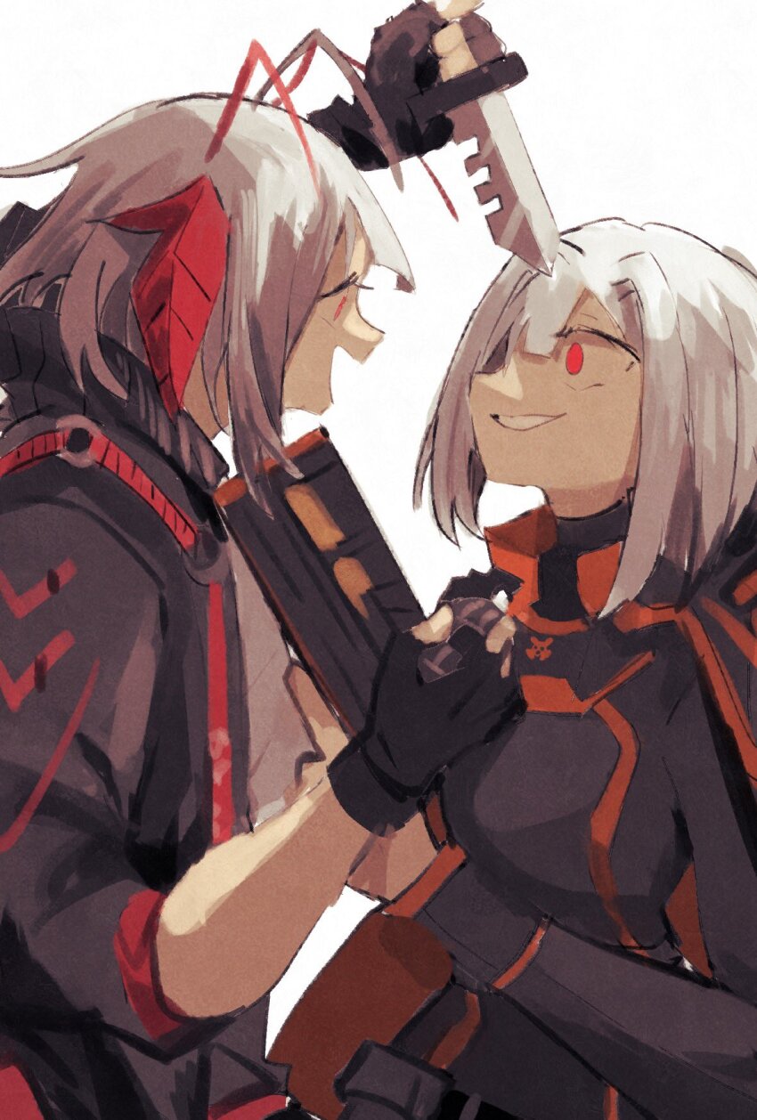 2girls, :d, arknights, cape, combat_knife, crossover, explosive, from_side