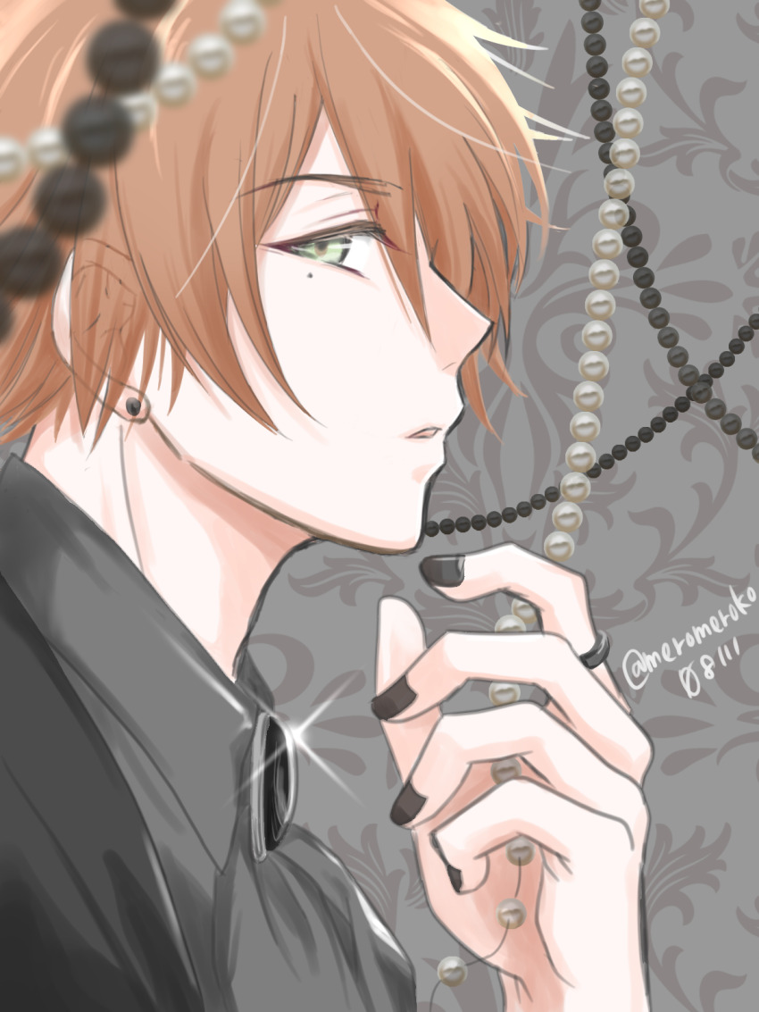 1boy, ascot, black_background, black_jacket, black_nails, blonde_hair, collar_x_malice, earrings