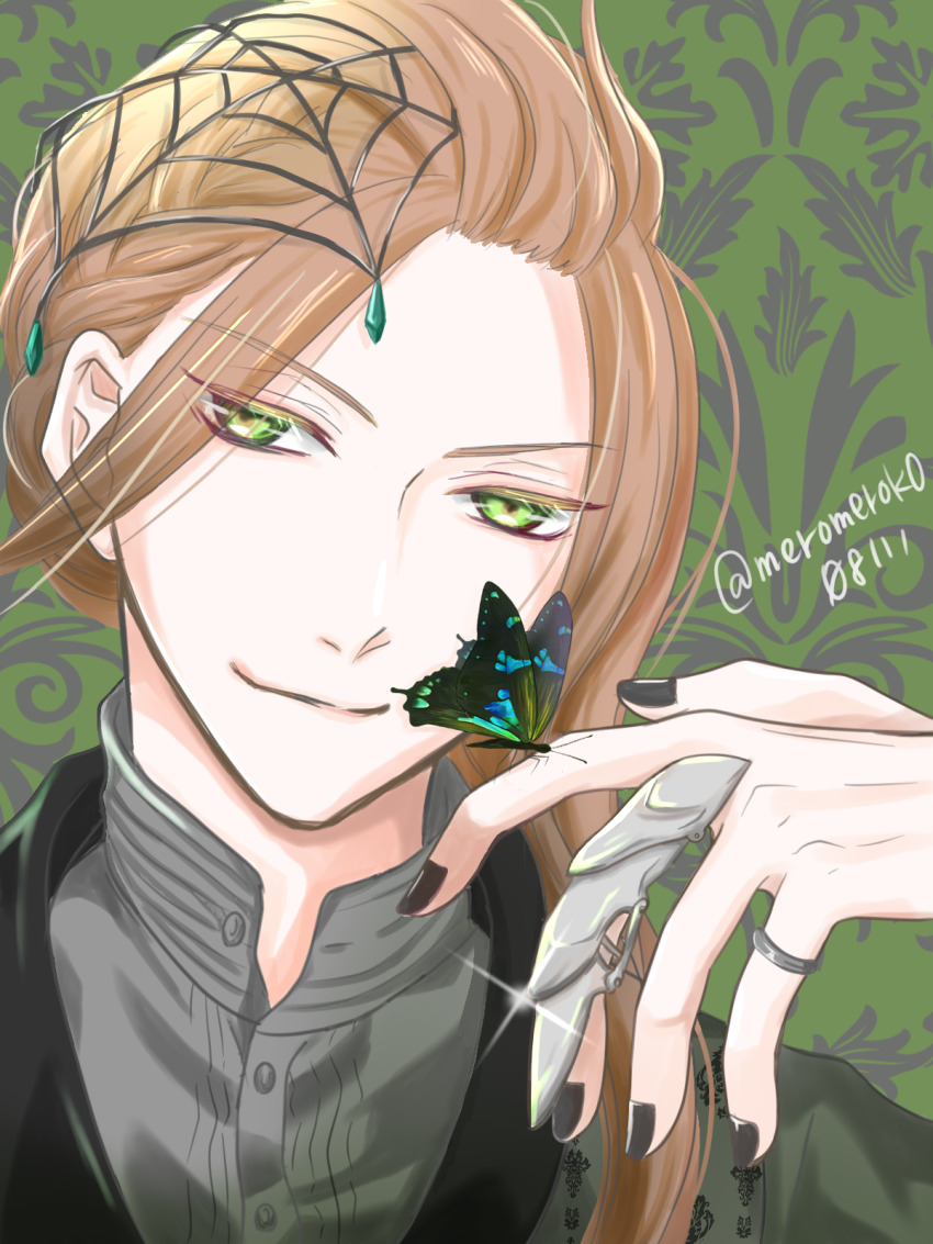 1boy, black_nails, blonde_hair, bug, butterfly, closed_mouth, collar_x_malice, formal_clothes
