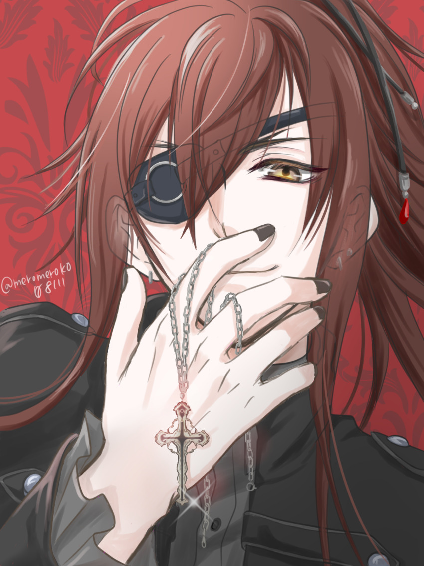 1boy, black_jacket, black_nails, black_sweater, closed_mouth, collar_x_malice, enomoto_mineo, eyepatch, highres, jacket, jewelry, long_hair, looking_at_viewer, male_focus, mero-yoruyami, necklace, ponytail, red_background, red_hair, ring, ring_necklace, smile, solo, sweater, turtleneck, turtleneck_sweater, yellow_eyes