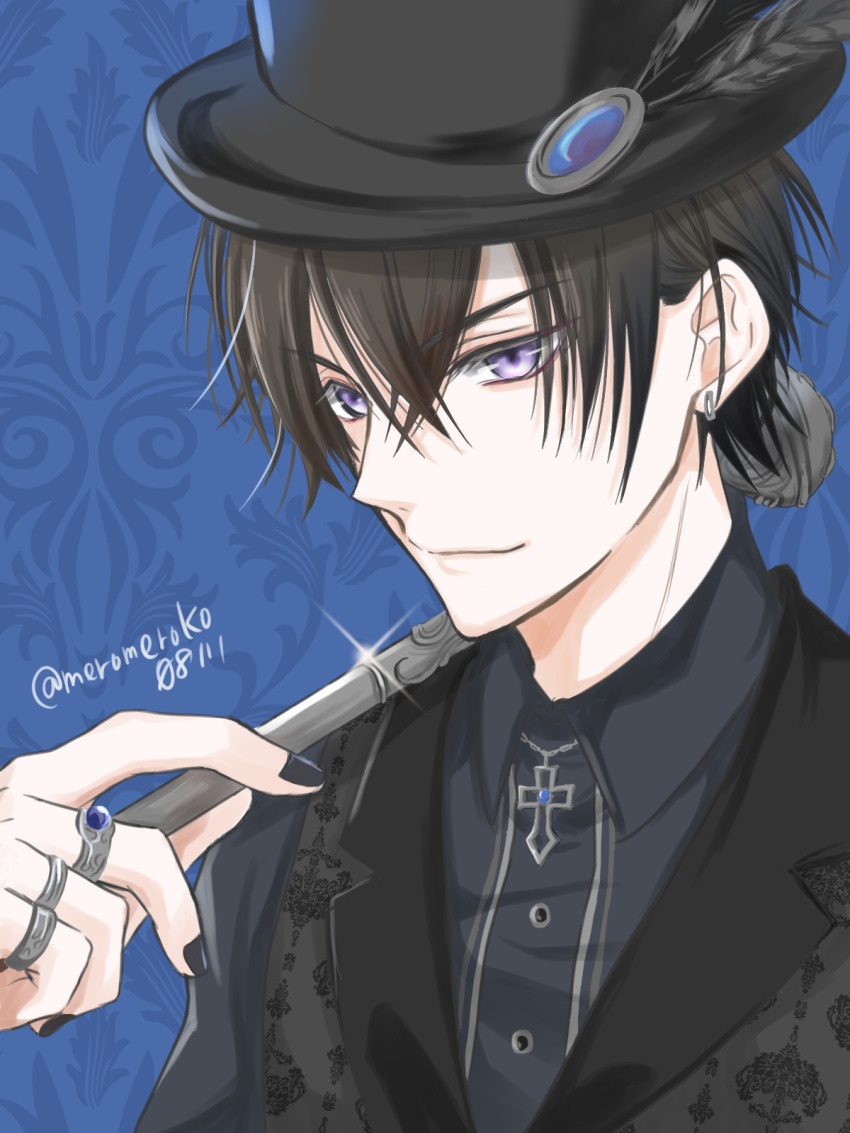1boy, black_hair, black_nails, black_shirt, black_vest, blue_background, collar_x_malice, collared_shirt, cross, cross_necklace, earrings, hat, highres, jewelry, long_sleeves, looking_at_viewer, male_focus, mero-yoruyami, necklace, purple_eyes, ring, shirt, short_hair, solo, vest, yanagi_aiji