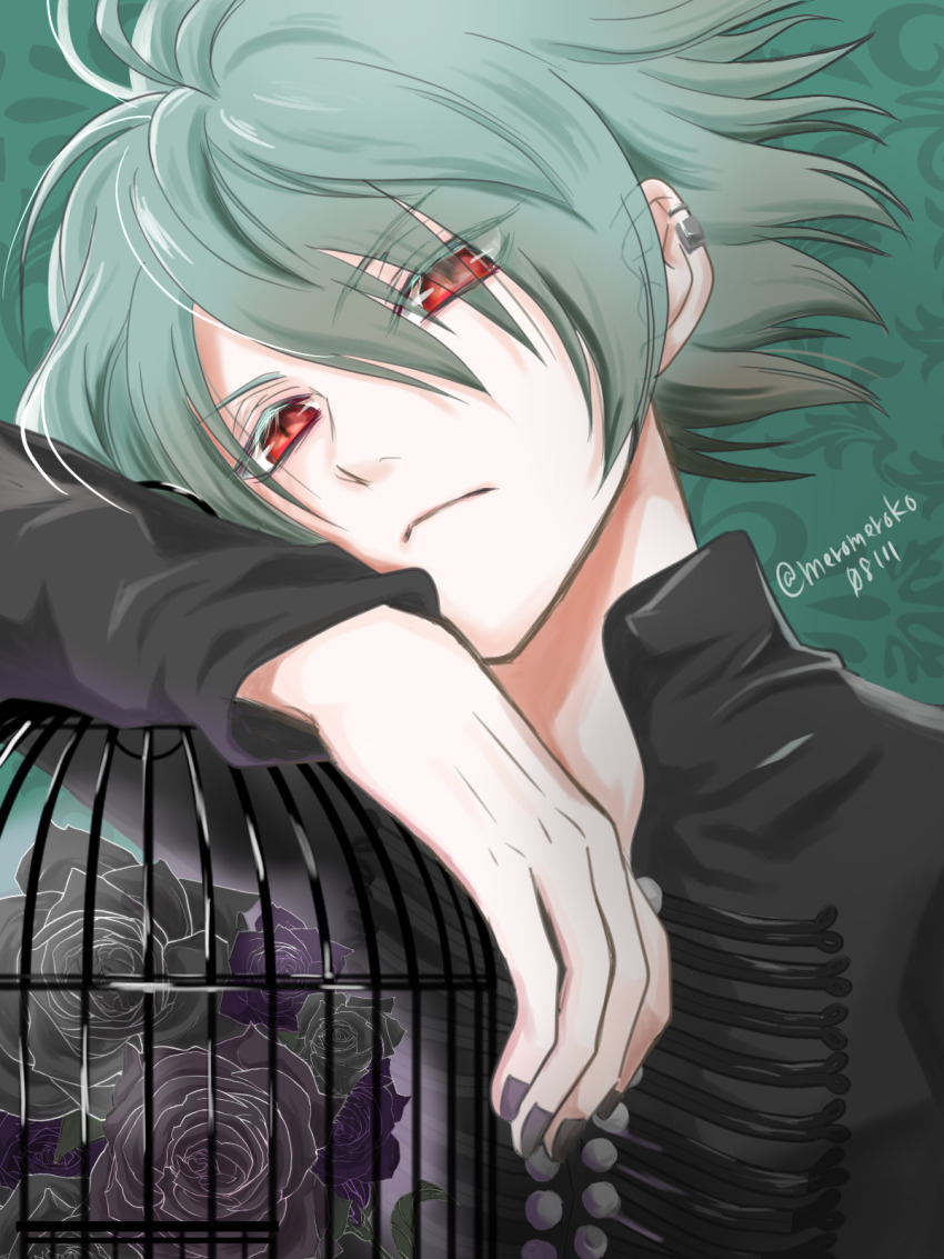 1boy, aqua_background, aqua_hair, birdcage, black_nails, black_shirt, cage, closed_mouth