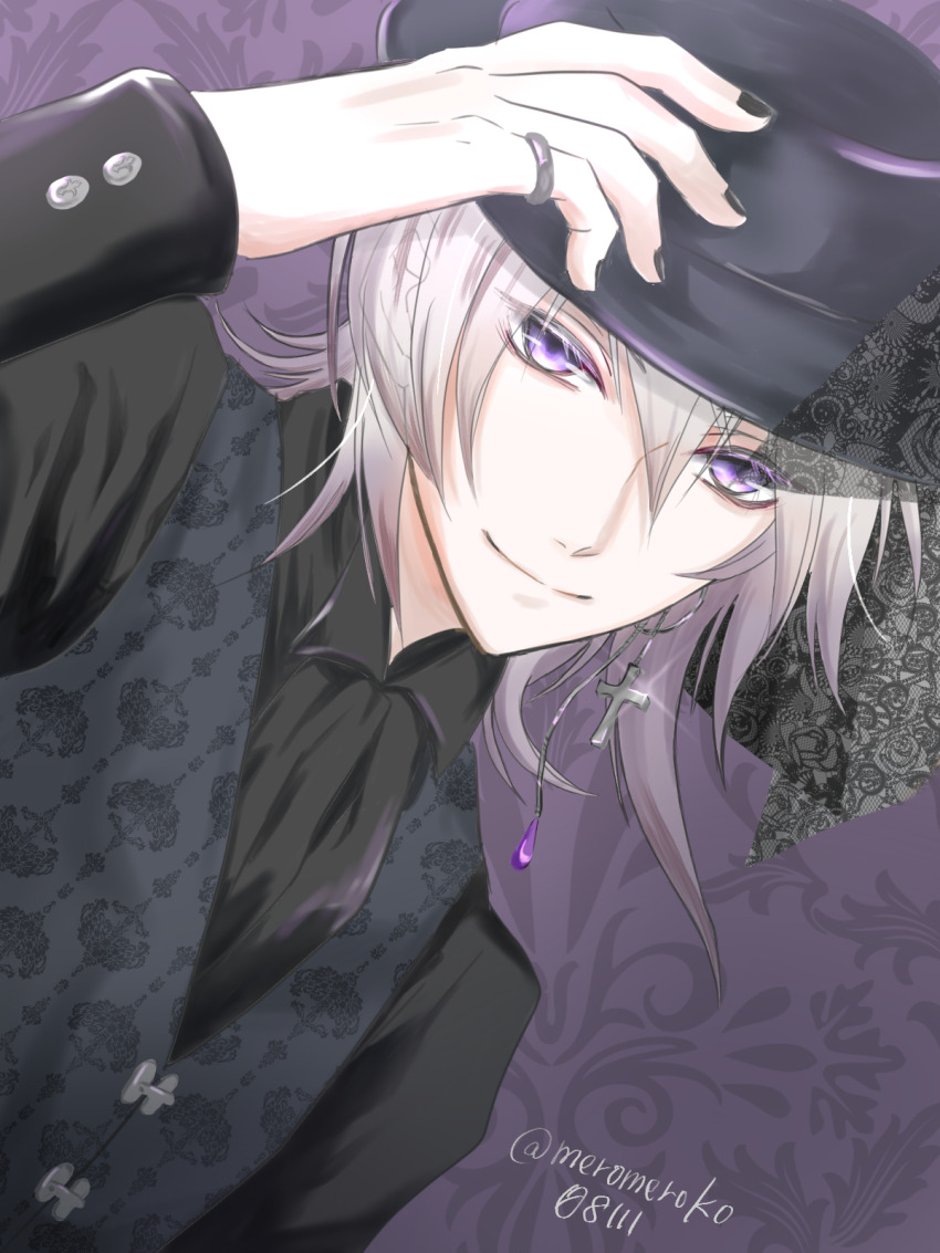 1boy, black_shirt, black_vest, closed_mouth, collar_x_malice, collared_shirt, cross, cross_earrings