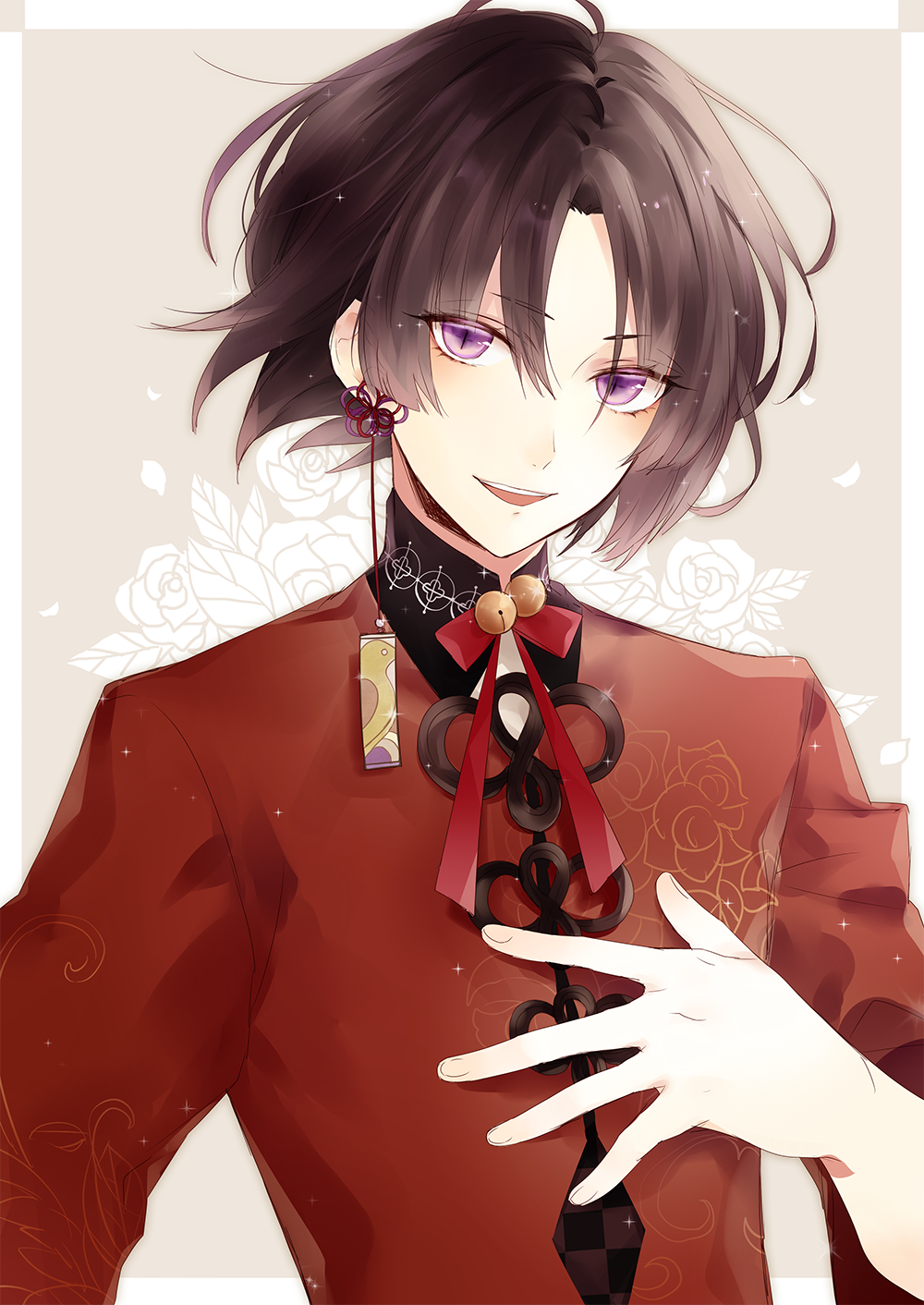 1boy, androgynous, bell, border, brown_hair, chinese_clothes, earrings, eyes_visible_through_hair