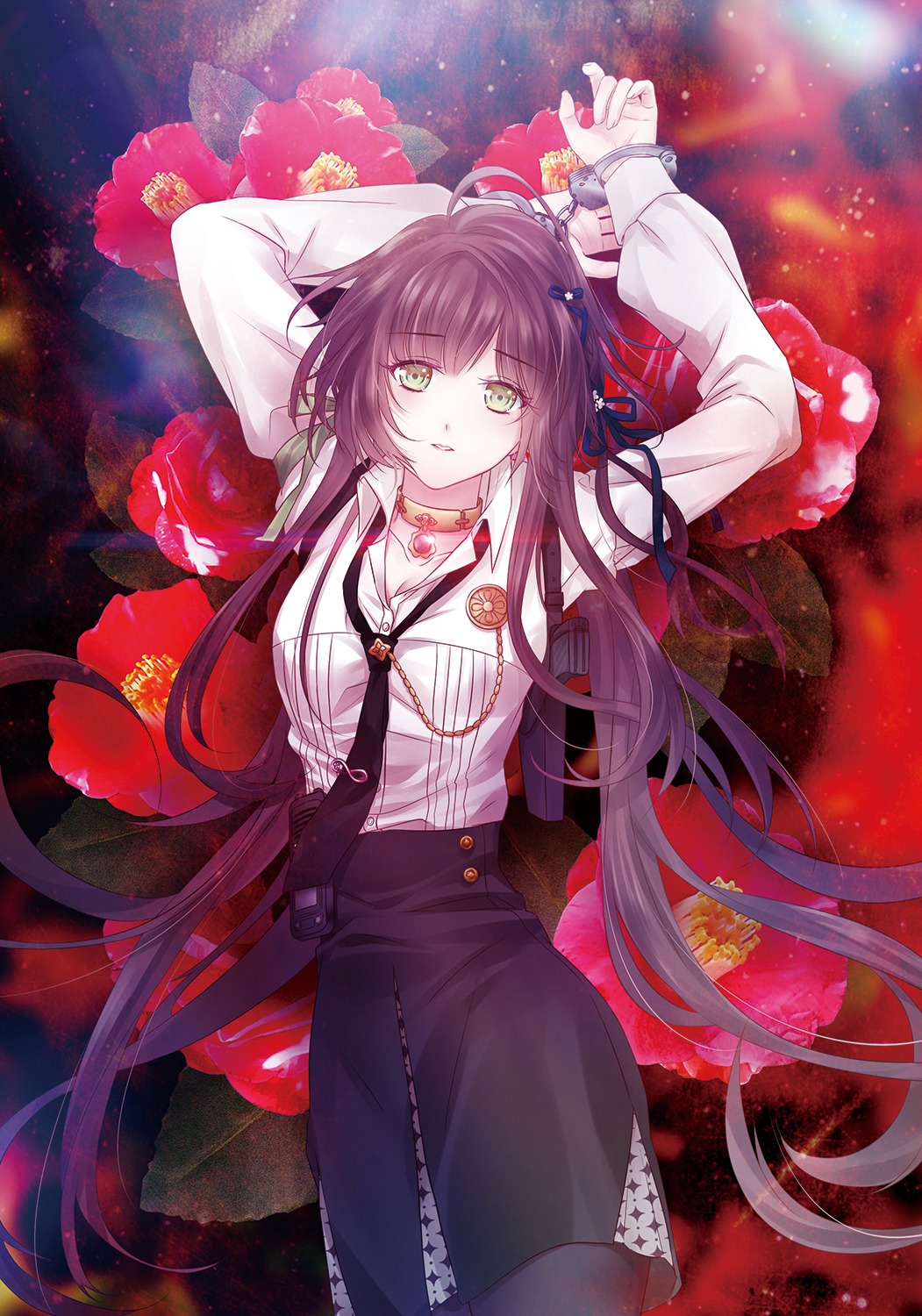 1girl, anemone_(flower), black_necktie, black_ribbon, black_skirt, breasts, brown_hair, cleavage