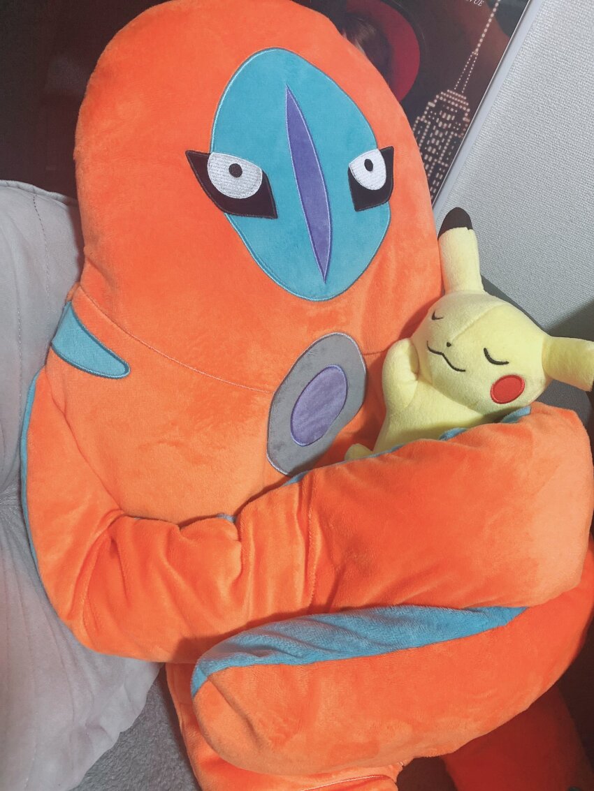 bed, character_doll, deoxys, deoxys_(defense), doll, expressionless, gen_1_pokemon, gen_3_pokemon, highres, hug, lying, mythical_pokemon, nintendo, no_humans, no_mouth, on_bed, ookutsuwa_waga, photo_(medium), pikachu, pillow, pokemon, pokemon_(creature), real_life, simple_background, size_difference, sleeping, smile, tentacles