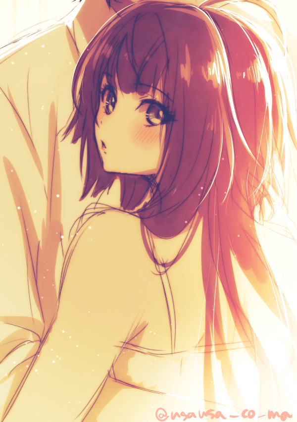 1boy, 1girl, blush, brown_eyes, brown_hair, collar_x_malice, green_eyes, hetero