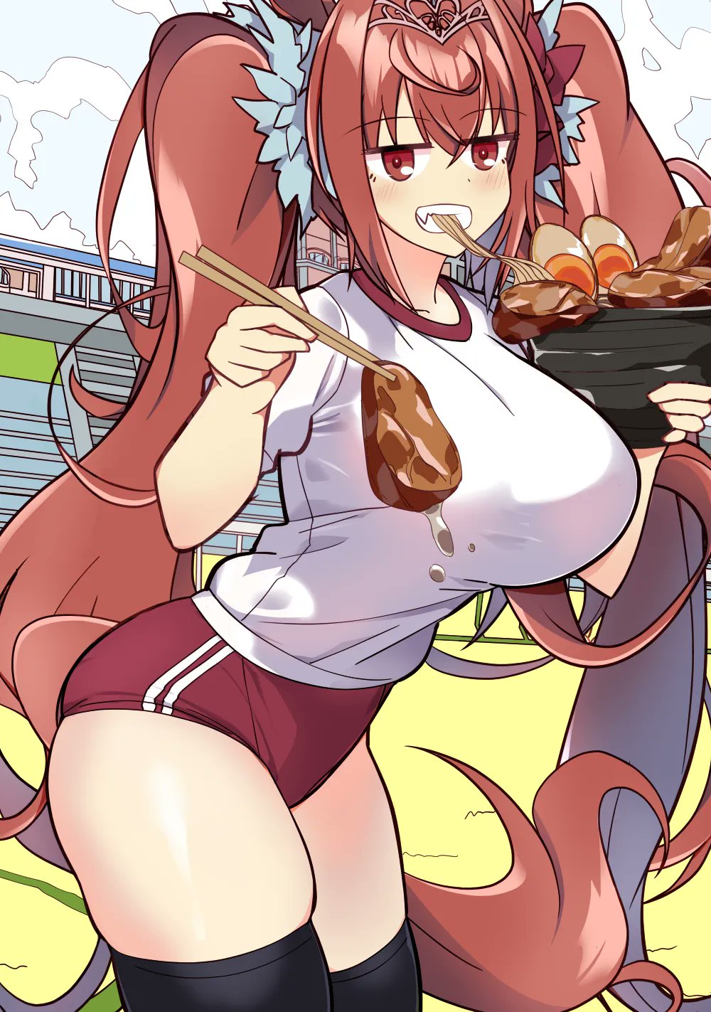 1girl, black_thighhighs, blush, breasts, brown_hair, buruma, chopsticks, collarbone, daiwa_scarlet_(umamusume), eating, fang, food, hair_intakes, highres, horse_girl, horse_racing_track, horse_tail, large_breasts, long_hair, looking_at_viewer, meat, parted_lips, red_buruma, red_eyes, shirt, short_sleeves, skindentation, tail, teeth, thick_thighs, thighhighs, thighs, tiara, twintails, umamusume, upper_body, very_long_hair, wahiko_(black_bastard), white_shirt