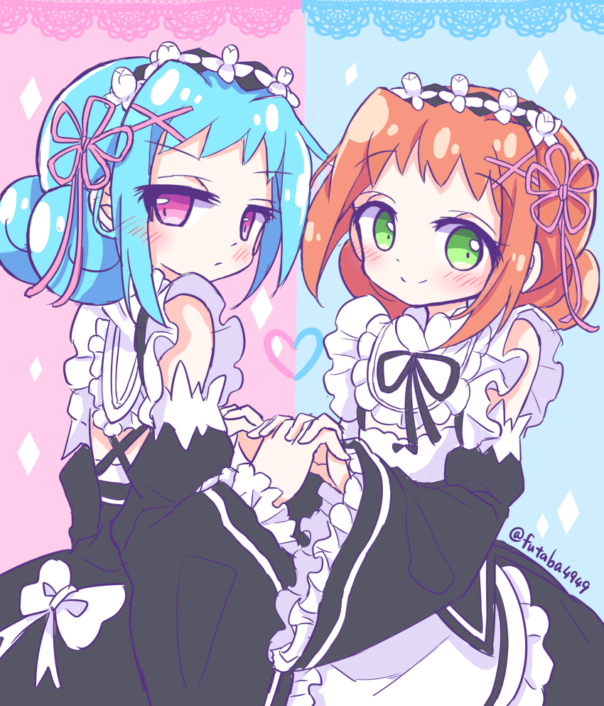 2girls, absurdres, ally_(puyopuyo), apron, black_dress, blue_hair, blush, brown_hair, dress, futaba969649, green_eyes, highres, holding_hands, looking_at_viewer, maid, maid_apron, maid_headdress, multiple_girls, purple_eyes, puyopuyo, puyopuyo_chronicle, rafisol_(puyopuyo), smile, white_apron