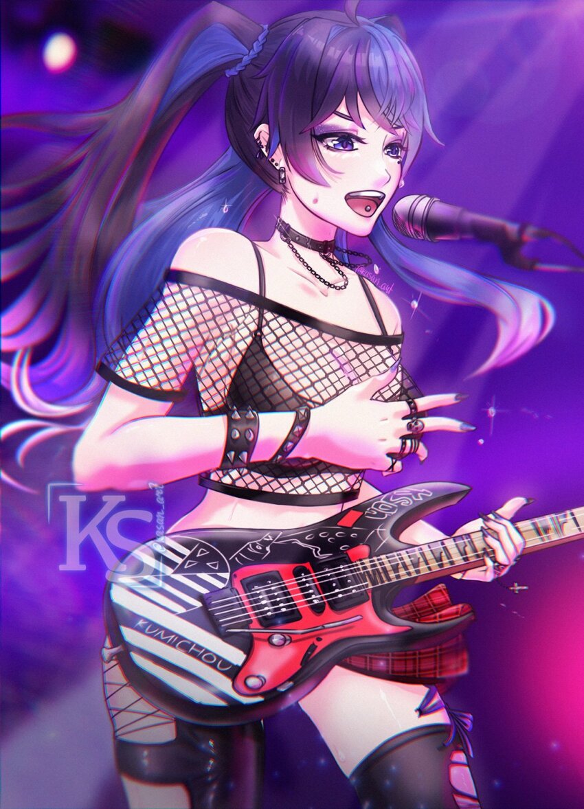 1girl, ahoge, black_bra, black_choker, black_hair, black_nails, black_pants, black_thighhighs, blue_eyes, blue_hair, blue_nails, bra, breasts, choker, ear_piercing, eyeshadow, fishnet_top, fishnets, guitar, half-skirt, highres, holding, holding_instrument, instrument, jewelry, kasan_art, kson, kson_(goth), large_breasts, long_hair, looking_at_viewer, makeup, microphone, miniskirt, mole, mole_under_eye, multicolored_hair, multiple_rings, nail_polish, necklace, off-shoulder_shirt, off_shoulder, pants, piercing, pleated_skirt, purple_eyeshadow, purple_hair, purple_nails, red_skirt, ring, shirt, skirt, skull_ring, solo, streaked_hair, thighhighs, tongue_piercing, torn_clothes, torn_pants, torn_thighhighs, twintails, underwear, virtual_youtuber, vshojo