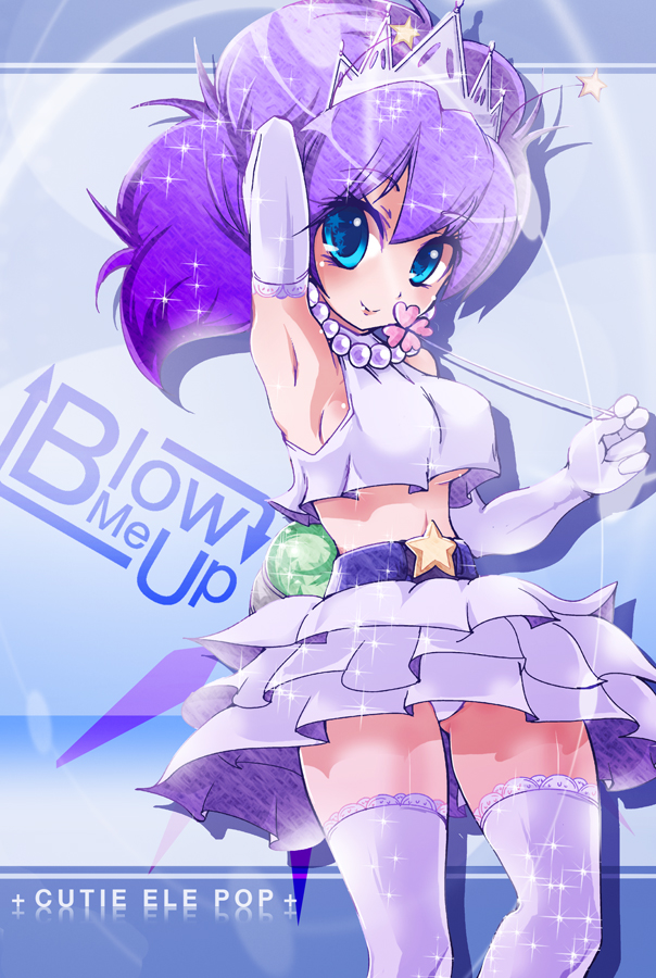 antennae, bemani, blue_eyes, elbow_gloves, gloves, jewelry, lulu_(pop'n_music), necklace, no_bra, nukemichi, pearl_necklace, pop'n_music, purple_hair, skirt, solo, star_(symbol), thighhighs