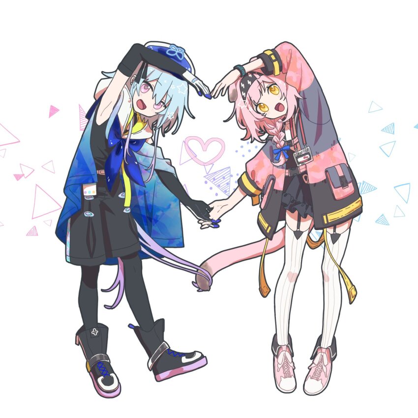 1boy, 1girl, :d, animal_ears, arknights, arm_up, armpits, beret, black_footwear, black_gloves, black_jacket, black_pantyhose, black_shirt, black_shorts, black_skirt, blue_bow, blue_cloak, blue_hair, blue_headwear, blue_neckerchief, boots, bow, braid, cat_ears, cat_girl, cat_tail, cloak, commentary_request, creator_connection, elbow_gloves, frilled_skirt, frills, garter_straps, gloves, goldenglow_(arknights), hair_between_eyes, hair_bow, hair_over_shoulder, hat, highres, interlocked_fingers, jacket, long_hair, long_sleeves, looking_at_viewer, miritenoru, mizuki_(arknights), neckerchief, open_clothes, open_jacket, open_mouth, pantyhose, pantyhose_under_shorts, pink_eyes, pink_hair, pink_shoes, puffy_long_sleeves, puffy_sleeves, shirt, shoes, short_shorts, shorts, simple_background, single_braid, skirt, sleeveless, sleeveless_shirt, smile, tail, thighhighs, white_background, white_thighhighs, yellow_eyes