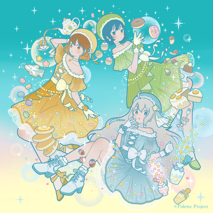 3girls, akatsuki_clara, bare_shoulders, beamed_eighth_notes, blue_bow, blue_eyes, blue_hair, bow