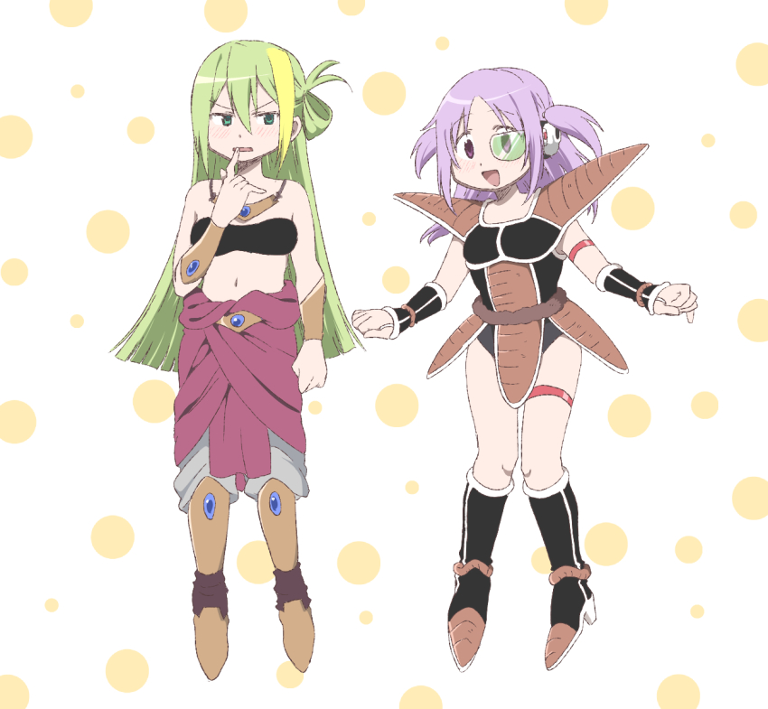 2girls, :d, alina_gray, alternate_costume, armlet, armor, bare_shoulders, black_footwear, blush, boots, broly_(dragon_ball_z), broly_(dragon_ball_z)_(cosplay), cosplay, dragon_ball, dragonball_z, full_body, green_eyes, green_hair, highres, jewelry, ketsuwotatakuna, long_hair, looking_at_another, magia_record:_mahou_shoujo_madoka_magica_gaiden, mahou_shoujo_madoka_magica, misono_karin, multiple_girls, navel, necklace, open_mouth, pants, purple_eyes, purple_hair, raditz, raditz_(cosplay), red_pants, saiyan_armor, shoulder_armor, smile, standing, thigh_strap