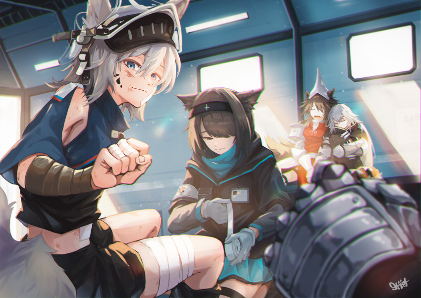 4girls, animal_ears, arknights, ashlock_(arknights), ashlock_(elite_ii)_(arknights), bandaged_fingers, bandaged_leg, bandages