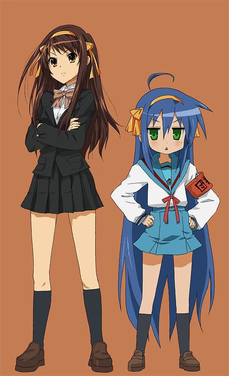 2girls, ahoge, alternate_costume, alternate_hairstyle, bad_id, bad_pixiv_id, blue_hair, brown_eyes, brown_hair, company_connection, cosplay, crossed_arms, green_eyes, hair_ribbon, hairband, hands_on_own_hips, hirano_aya, izumi_konata, kouyouen_academy_school_uniform, kyoto_animation, legs, loafers, long_hair, lucky_star, mole, mole_under_eye, multiple_girls, official_alternate_hair_length, official_alternate_hairstyle, p_(zzaazz), ribbon, school_uniform, serafuku, shoes, suzumiya_haruhi, suzumiya_haruhi_(cosplay), suzumiya_haruhi_no_shoushitsu, suzumiya_haruhi_no_yuuutsu, voice_actor_connection