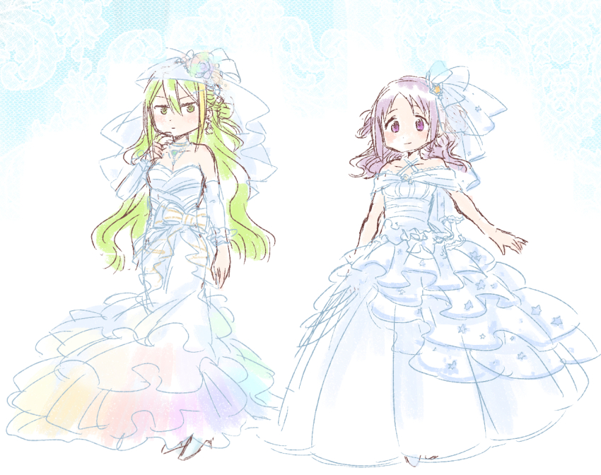 2girls, alina_gray, alternate_costume, alternate_hairstyle, bare_shoulders, blonde_hair, blush, bridal_veil