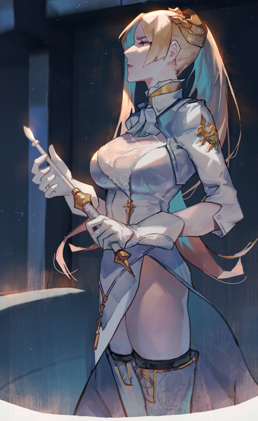 1girl, absurdres, blonde_hair, boots, dress, from_side, gloves, highres