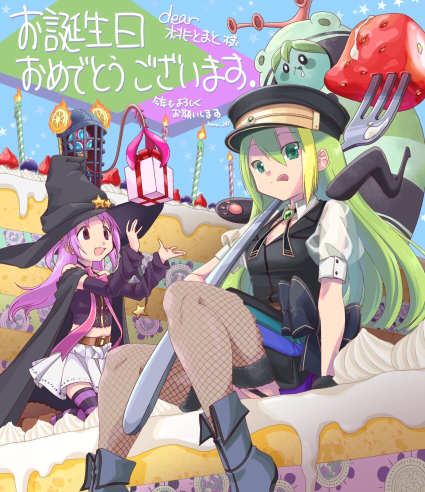 2girls, alina_gray, arm_warmers, belt, black_bow, black_cape, black_footwear, black_headwear