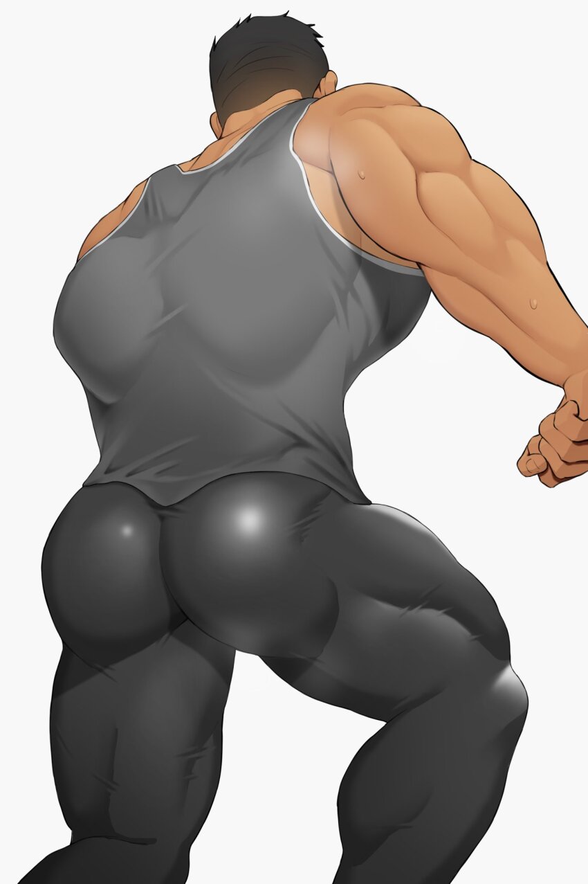 1boy, ass, back, bara, black_hair, black_pants, covered_abs, covered_erect_nipples, grey_tank_top, highres, kansuke_(kansuke_717), male_focus, muscular, muscular_male, original, pants, short_hair, simple_background, solo, sweat, tank_top, thick_thighs, thighs, white_background