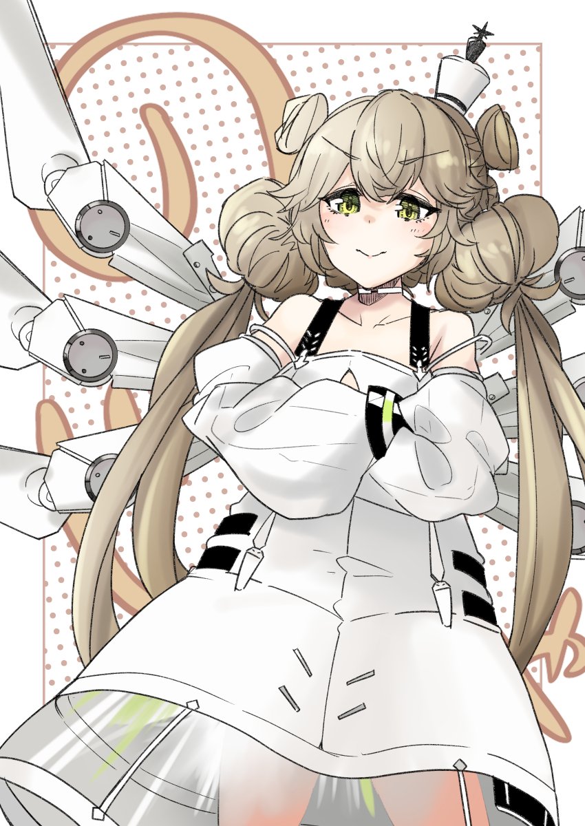 1girl, bare_shoulders, choker, commentary_request, cowboy_shot, crossed_arms, double_bun, dress