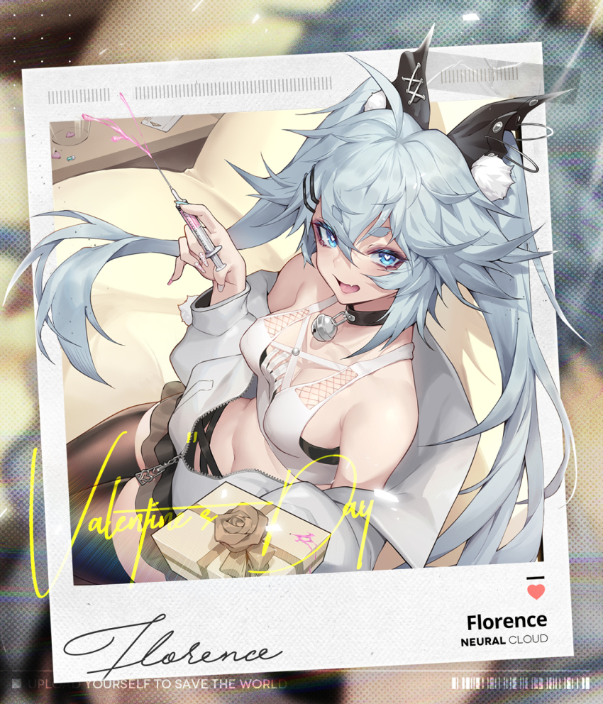 1girl, ahoge, bare_shoulders, bell, black_choker, blue_eyes, blue_hair, box, breasts, character_name, choker, copyright_name, fake_photograph, fang, florence_(drugged_chocolate)_(neural_cloud), florence_(heartfelt_projection)_(neural_cloud), florence_(neural_cloud), from_above, gift, gift_box, girls'_frontline, girls'_frontline_neural_cloud, hair_ornament, heart, heart-shaped_pupils, highres, holding, holding_syringe, jacket, looking_at_viewer, medium_breasts, messy_hair, navel, neck_bell, off_shoulder, official_alternate_costume, official_art, open_clothes, open_jacket, open_mouth, pa-15_(girls'_frontline), polaroid_photo, shanyao_jiang_tororo, skin_fang, skirt, smile, solo, symbol-shaped_pupils, syringe, thighhighs, twintails, valentine, white_jacket, zettai_ryouiki