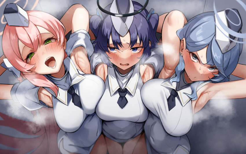 3girls, ako_(blue_archive), armpit_cutout, armpits, arms_behind_head, arms_up, blue_archive, blue_hair, blush, breasts, breath, closed_mouth, clothing_cutout, dress, garrison_cap, green_eyes, hair_between_eyes, hanako_(blue_archive), hat, heavy_breathing, highres, large_breasts, long_hair, looking_at_viewer, looking_away, mm_(mm_chair), multiple_girls, necktie, open_mouth, pink_hair, purple_hair, shirt, short_hair, short_sleeves, sleeveless, sleeveless_dress, sleeveless_shirt, steam, steaming_body, sweat, take_your_pick, utnapishtim_operator_uniform_(blue_archive), white_headwear, yuuka_(blue_archive)