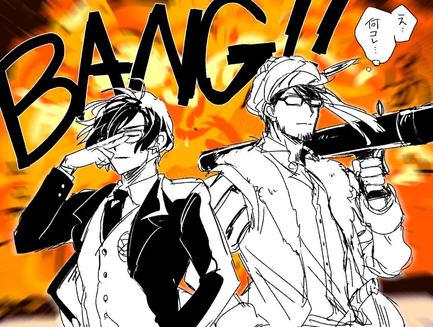 2boys, adjusting_eyewear, closed_eyes, closed_mouth, collared_shirt, constantine_xi_(fate), earrings, explosion