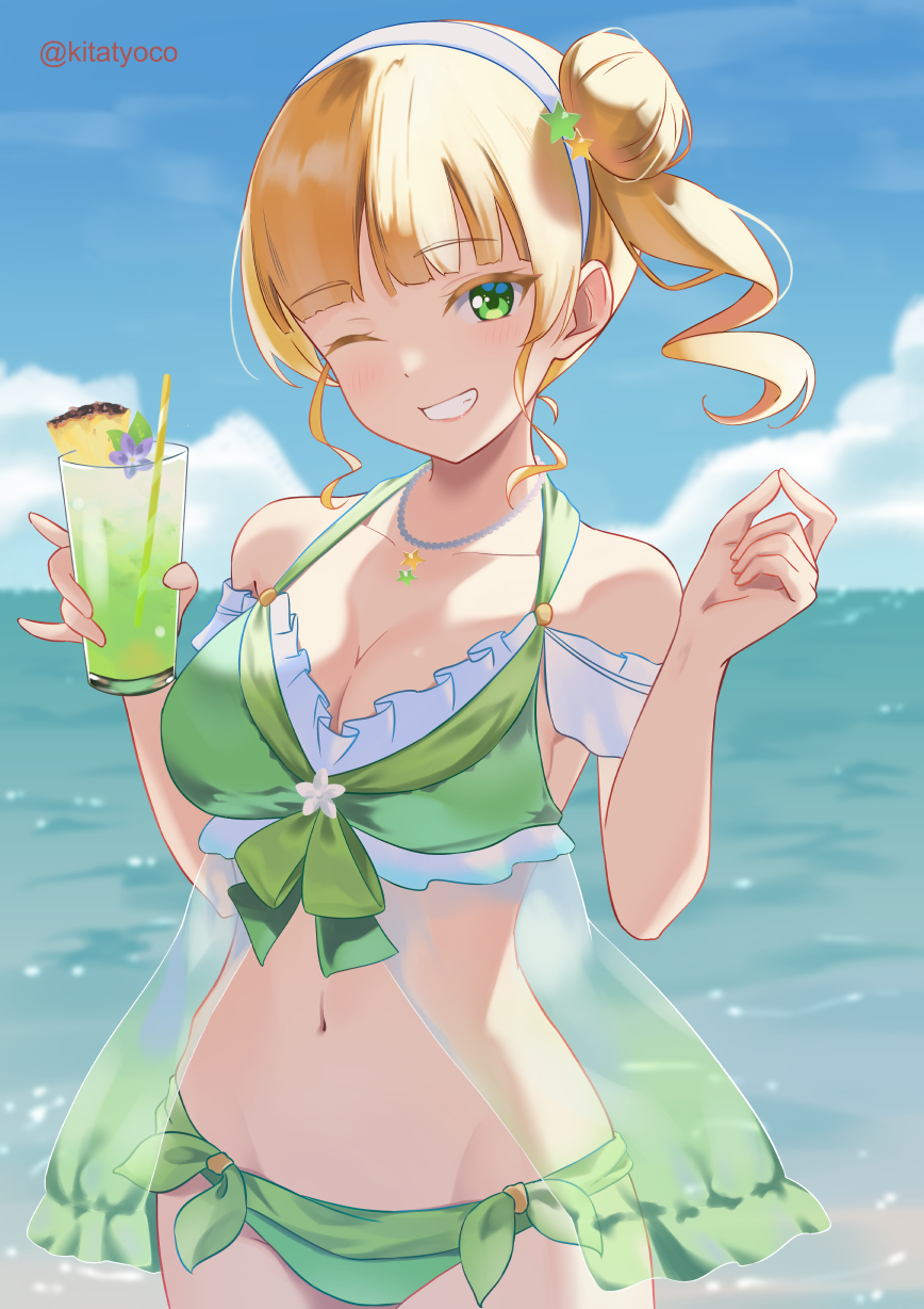 1girl, bikini, blonde_hair, blush, breasts, collar, frills, green_eyes, hair_bun, hair_ornament, hairband, heanna_sumire, highres, holding, kitatyoco, large_breasts, looking_at_viewer, love_live!, love_live!_superstar!!, navel, ocean, one_eye_closed, outdoors, single_hair_bun, smile, solo, stomach, swimsuit