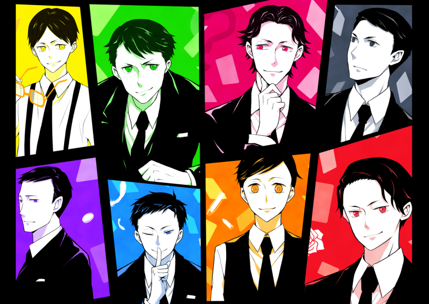 6+boys, ?, amari_(joker_game), black_border, black_hair, black_jacket, black_necktie, black_suit