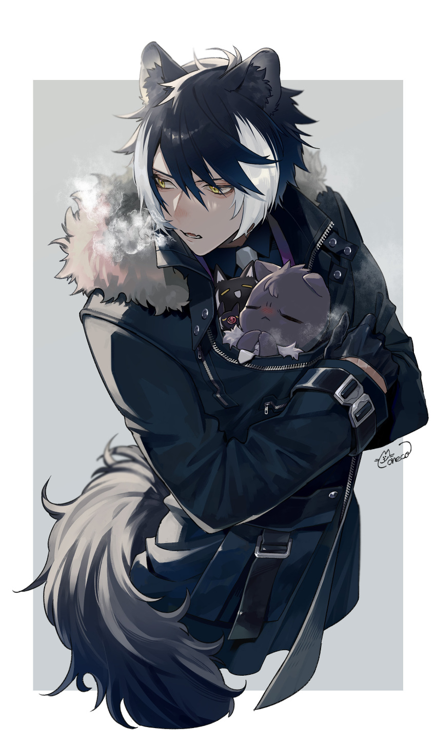 1boy, absurdres, animal, animal_ear_fluff, animal_ears, animal_hug, black_coat, black_gloves