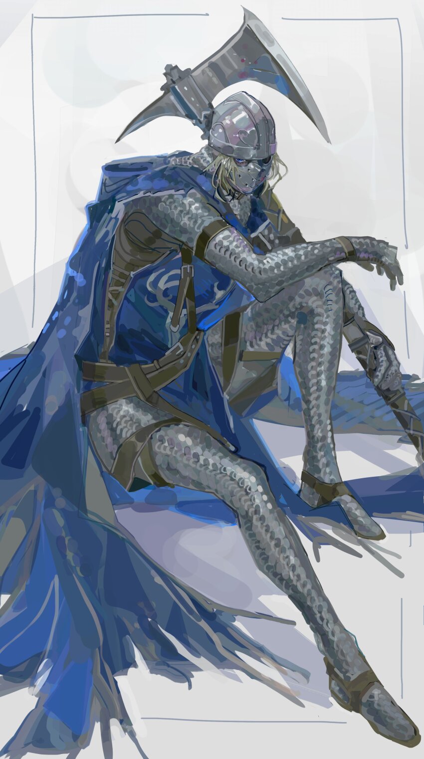 1boy, absurdres, armor, axe, belt, blonde_hair, blue_eyes, cape