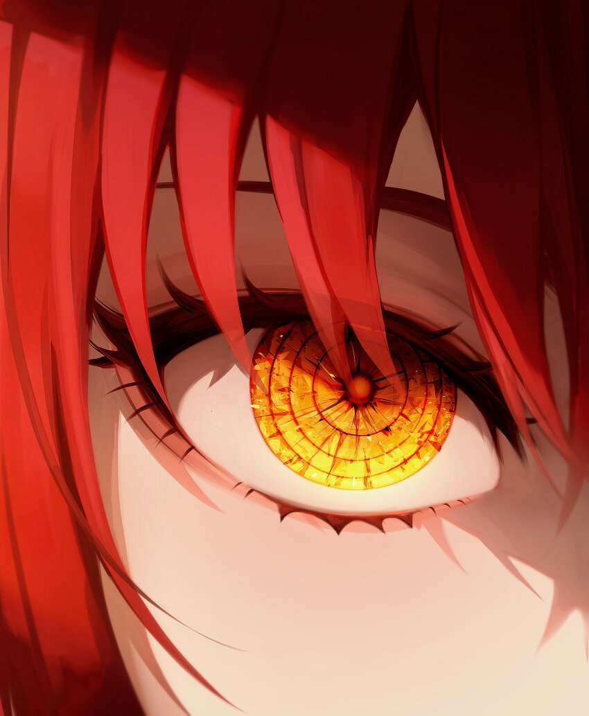 1girl, 58_(opal_00_58), absurdres, chainsaw_man, close-up, crystal_eye, eye_focus, highres, looking_at_viewer, makima_(chainsaw_man), ringed_eyes, solo, yellow_eyes