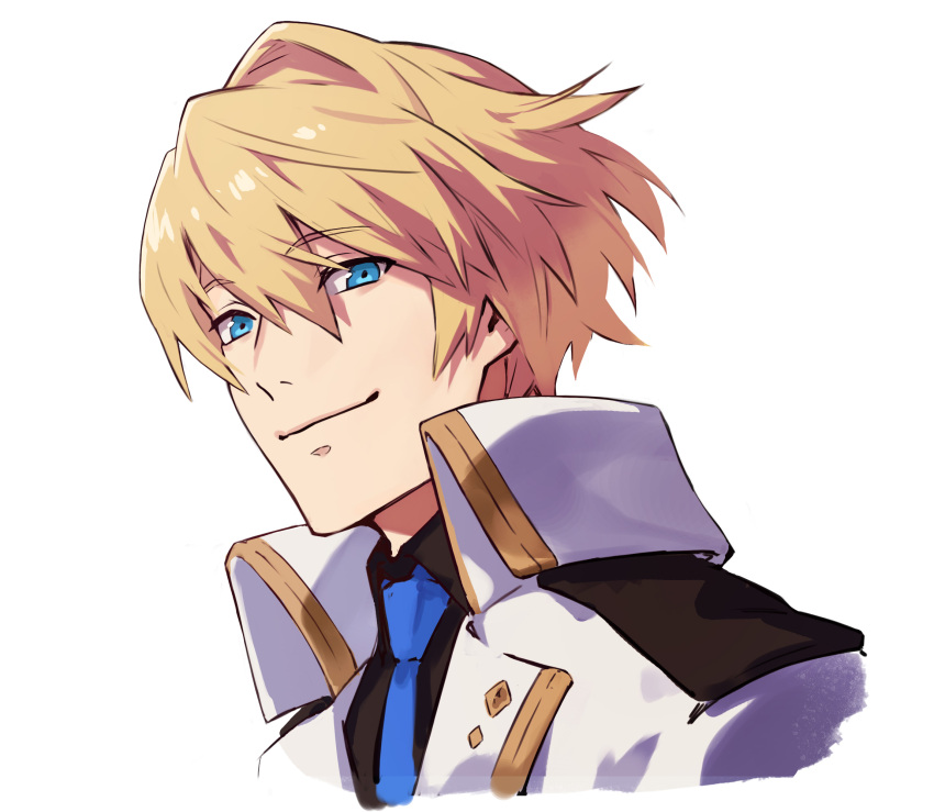 1boy, black_shirt, blonde_hair, blue_eyes, blue_necktie, collared_jacket, collared_shirt, cropped_torso