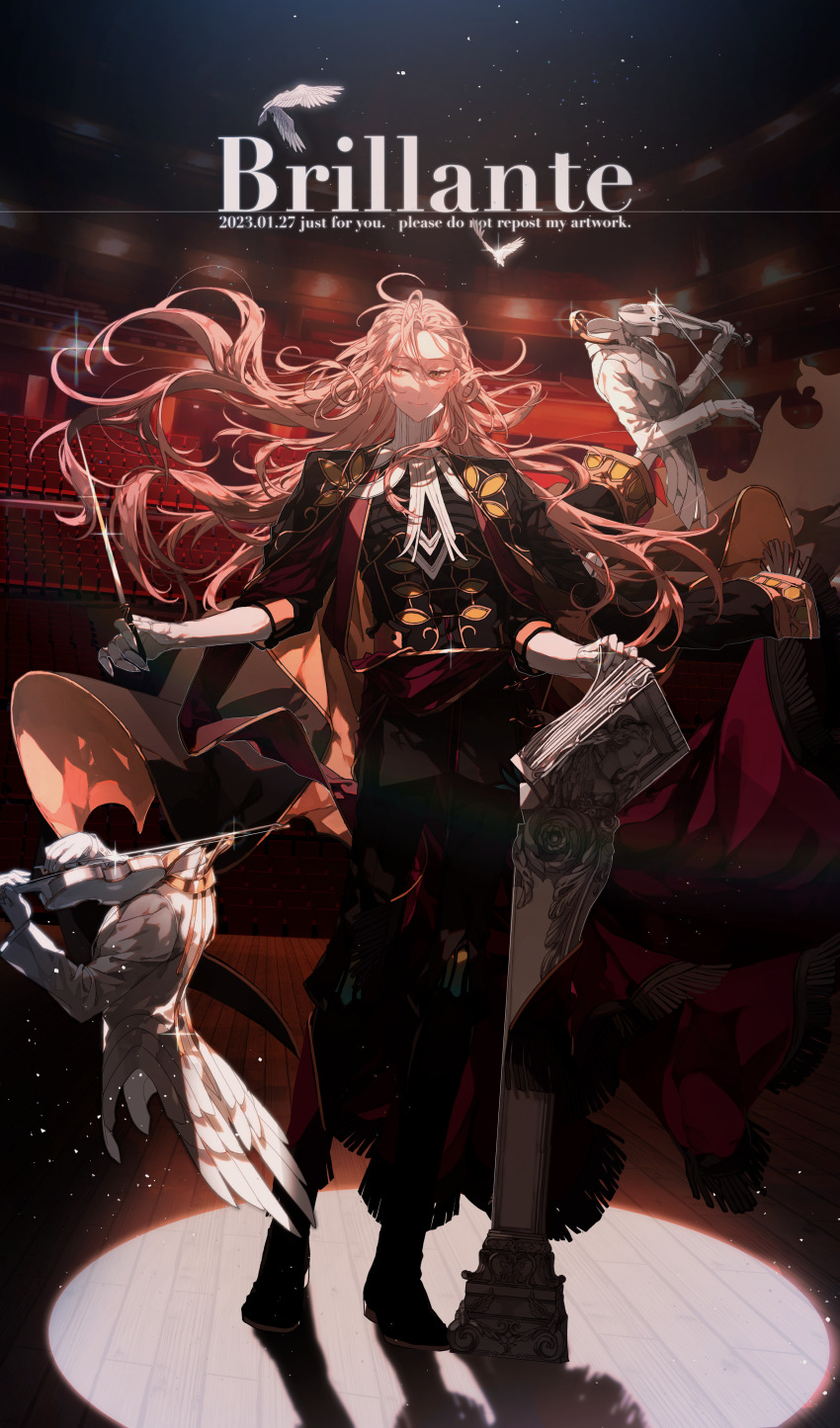 1boy, absurdres, bird, black_boots, black_cape, black_jacket, black_pants, blonde_hair