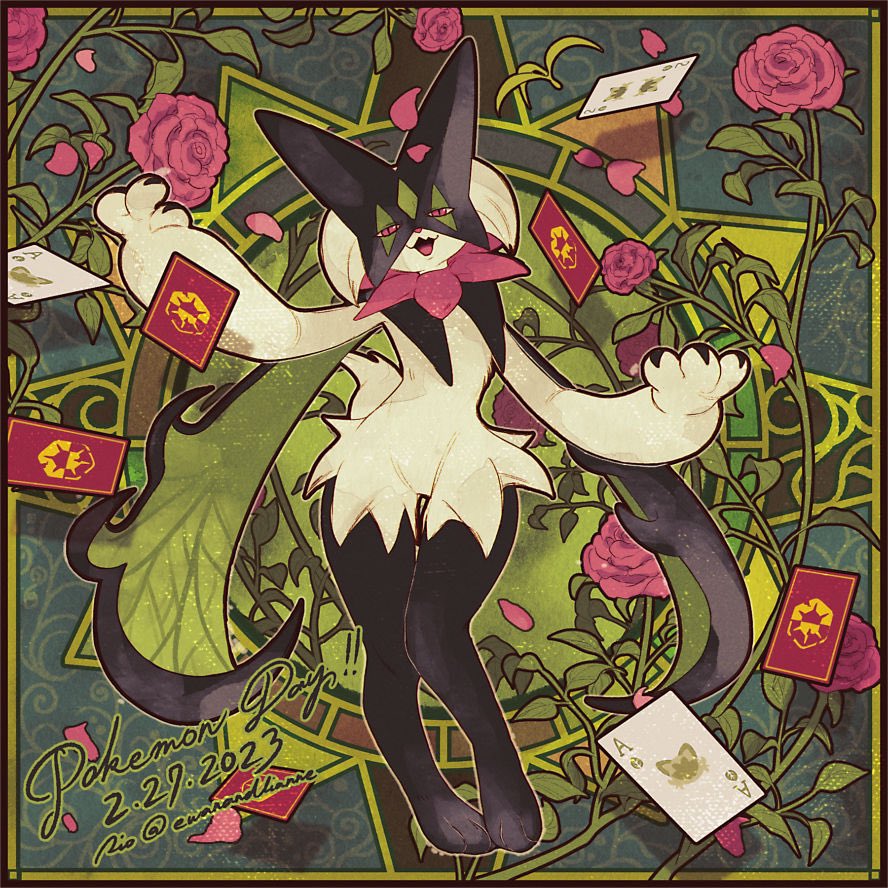 :3, :d, anniversary, artist_name, card, commentary_request, dated, evolutionary_line, floragato, flower, green_background, leaf, looking_at_viewer, meowscarada, nintendo, no_humans, open_mouth, outstretched_arms, petals, plant, playing_card, pokemon, pokemon_(creature), red_eyes, red_flower, red_rose, rio_(ewanandlianne), rose, rose_petals, signature, smile, spread_arms, sprigatito, sun_symbol, twitter_username