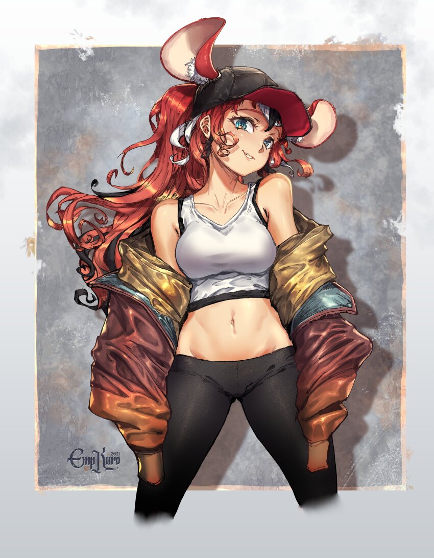 1girl, absurdres, animal_ear_fluff, animal_ears, artist_name, baseball_cap, black_hat, black_leggings