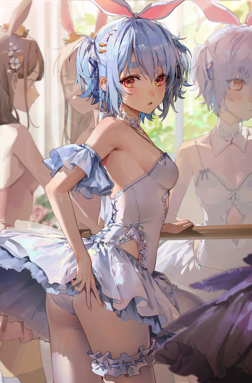 1other, 2girls, absurdres, animal_ears, ballerina, blue_dress, blue_hair, breasts, brown_hair, carrot_hair_ornament, clothing_cutout, cowboy_shot, detached_collar, detached_sleeves, dress, food-themed_hair_ornament, frilled_thigh_strap, grey_thighhighs, hair_ornament, highres, hikimayu, hip_vent, hololive, looking_at_viewer, mirror, multiple_girls, navel_cutout, open_mouth, out_of_frame, panties, pink_dress, rabbit_ears, red_eyes, reflection, short_hair, side_cutout, sleeveless, sleeveless_dress, small_breasts, solo_focus, standing, thigh_strap, thighhighs, tied_ears, two_side_up, underwear, usada_pekora, v, virtual_youtuber, white_dress, white_panties, ye_jji