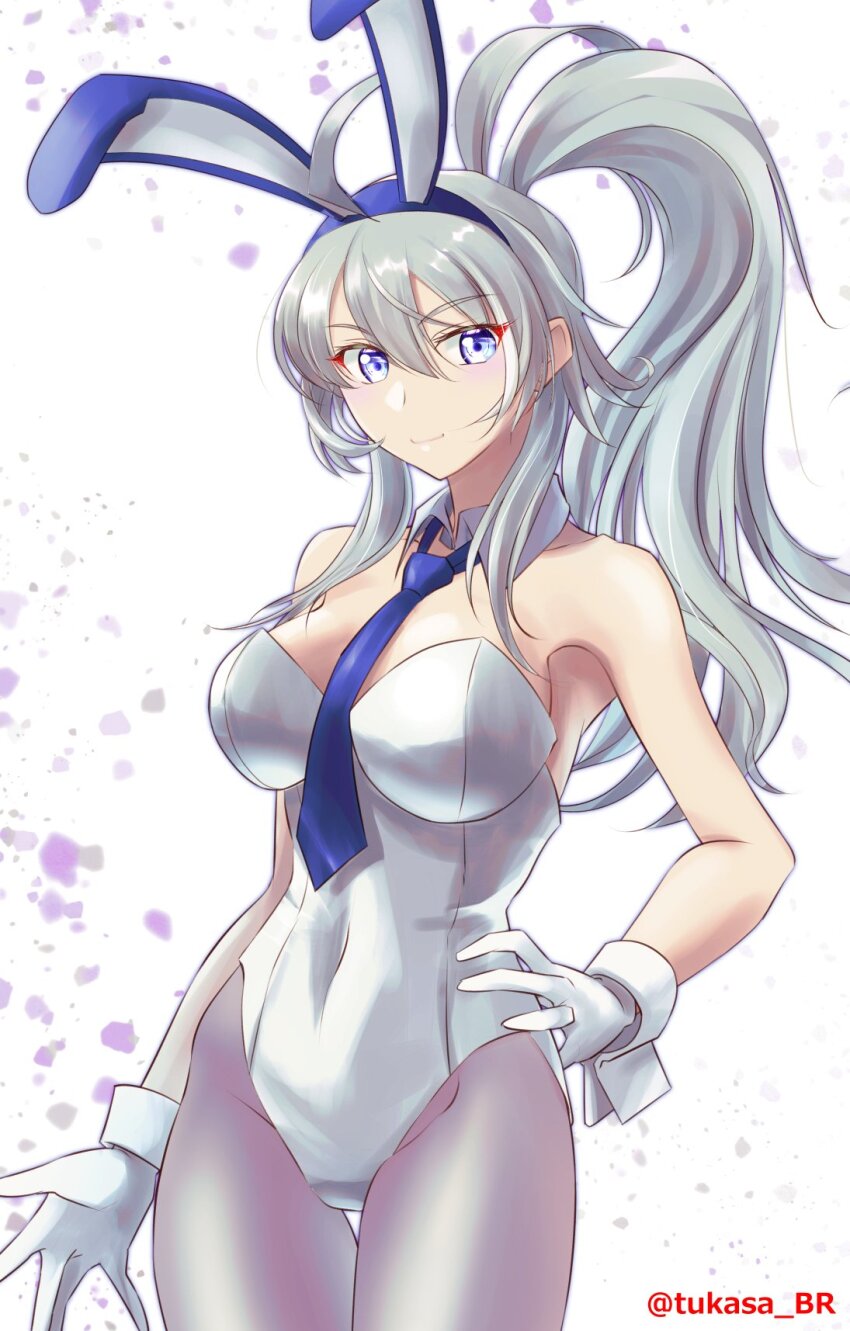 1girl, alternate_costume, alternate_hairstyle, animal_ears, blue_necktie, breasts, covered_navel, detached_collar