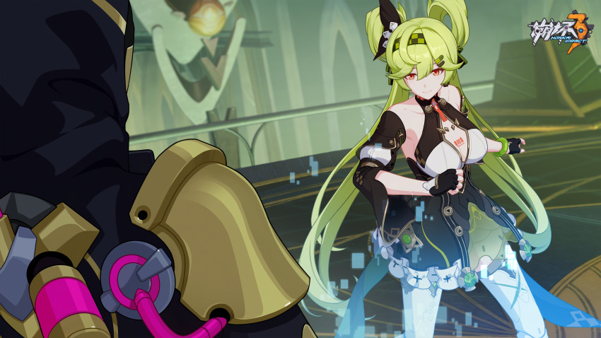 1boy, 1girl, ai-chan_(honkai_impact), ai_hyperion_lambda, ai_hyperion_lambda_(chrono_navi), armor, bare_shoulders, black_hoodie