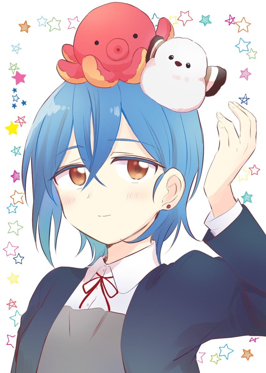 1girl, blue_hair, blue_jacket, blush, brown_eyes, collared_shirt, earrings, hair_behind_ear