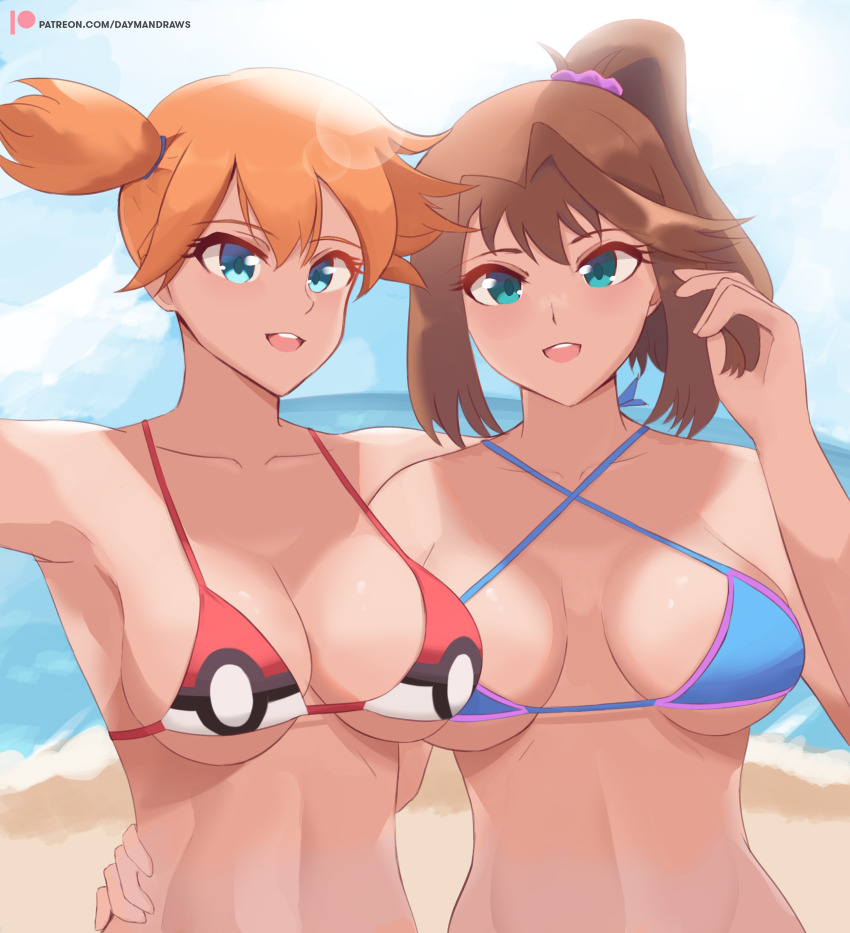 2girls, absurdres, asymmetrical_hair, beach, bikini, blue_eyes, blush, bra
