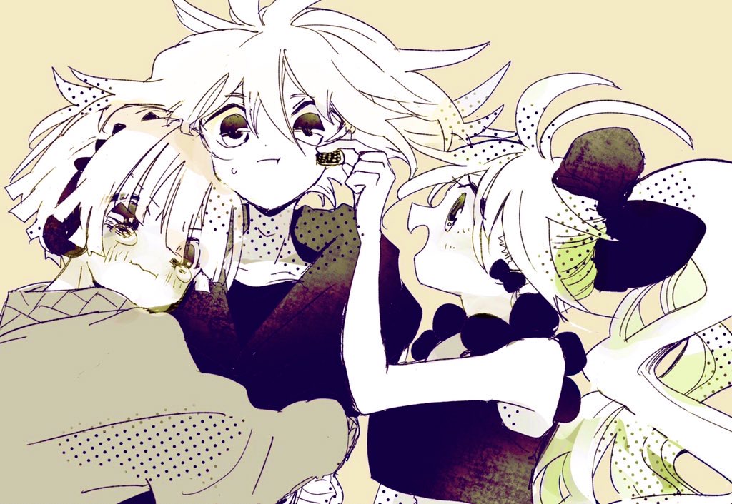 1girl, 2boys, blush, bow, brother_and_sister, brothers, crop_top, flipped_hair
