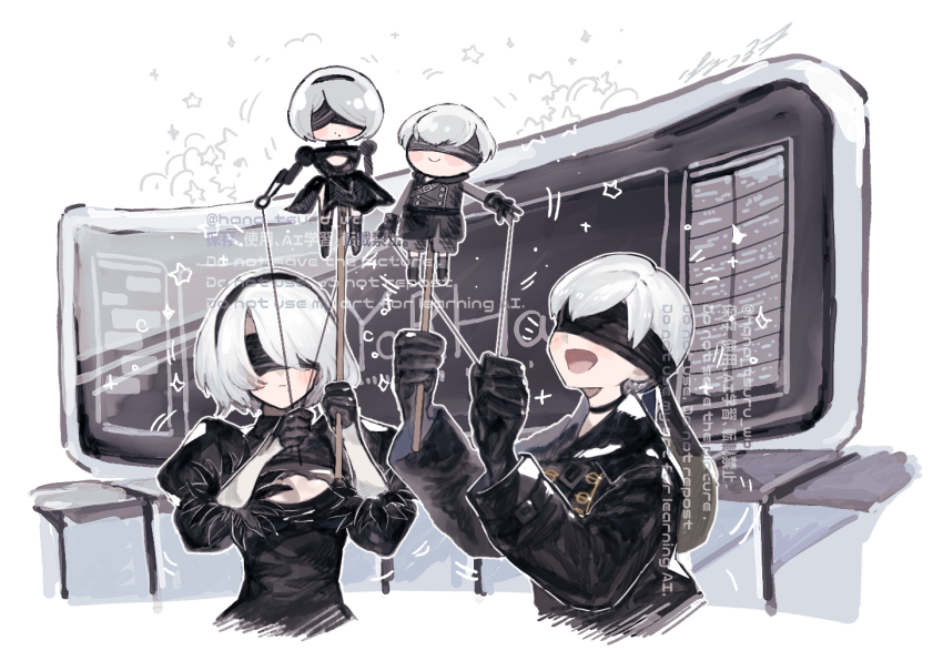 1boy, 1girl, 2b_(nier:automata), 9s_(nier:automata), back_cutout, black_gloves, blindfold_mask, blush, cleavage_cutout, closed_mouth, clothing_cutout, covered_eyes, feather-trimmed_sleeves, feather_trim, gloves, hairband, holding, juliet_sleeves, long_sleeves, mask, nier:automata, nier_(series), open_mouth, puffy_sleeves, puppet, puppet_show, short_hair, sugomori_tsuru_(hana_tsuru_wo), upper_body, watermark, white_hair