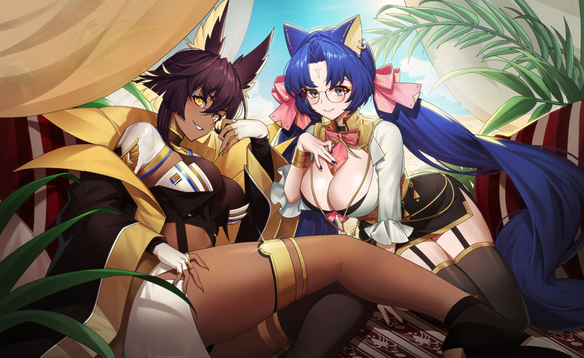2girls, animal_ears, bastet_(echocalypse), black-framed_eyewear, black_coat, black_footwear, black_hair, black_skirt