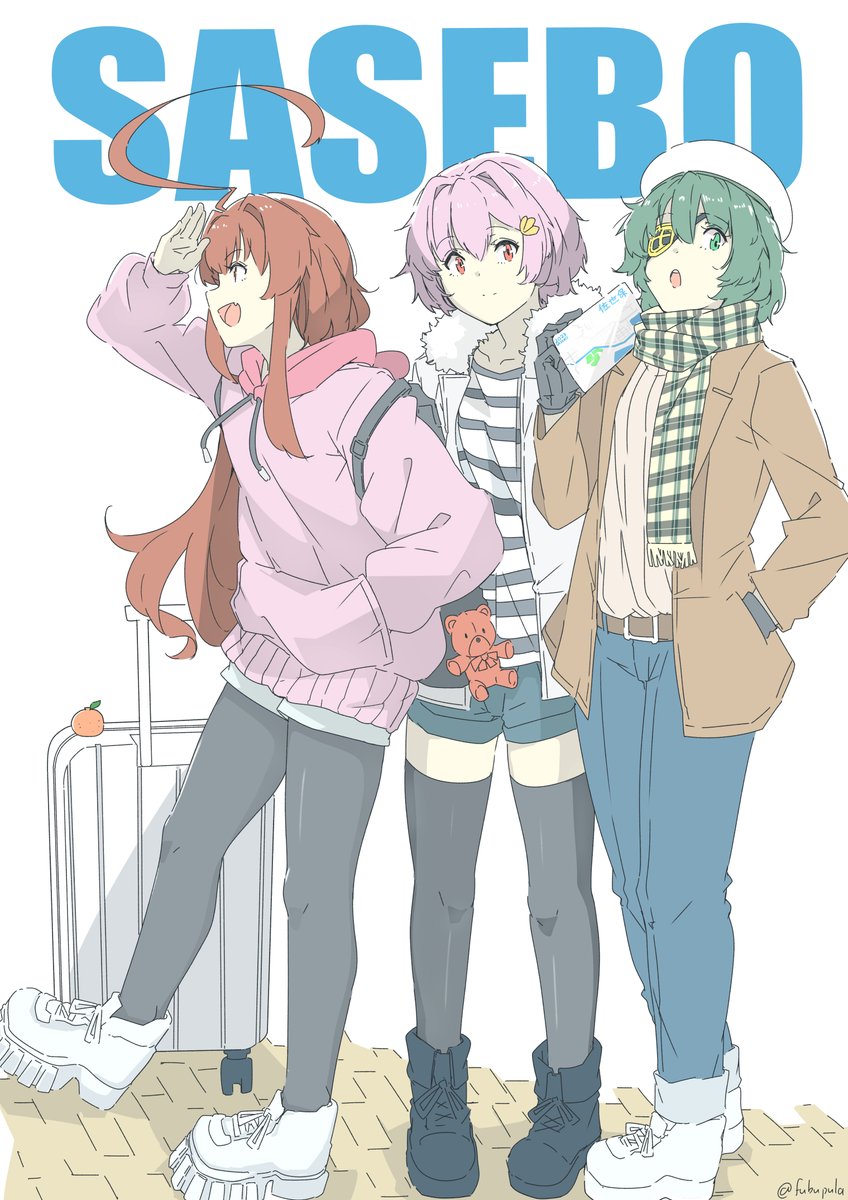 ahoge, alternate_costume, black_pantyhose, black_shorts, black_thighhighs, blue_pants, brown_eyes, brown_hair, brown_jacket, denim, eyepatch, fubupula, full_body, fur-trimmed_jacket, fur_trim, green_eyes, green_hair, grey_sweater, hand_in_pocket, hat, highres, hood, hooded_sweater, huge_ahoge, jacket, jeans, kantai_collection, kiso_(kancolle), kiso_kai_ni_(kancolle), kuma_(kancolle), long_hair, official_alternate_costume, pants, pantyhose, pink_hair, plaid_clothes, plaid_scarf, red_eyes, rolling_suitcase, sailor_hat, scarf, shirt, short_hair, shorts, striped_clothes, striped_shirt, suitcase, sweater, tama_(kancolle), thighhighs, white_headwear, white_shorts